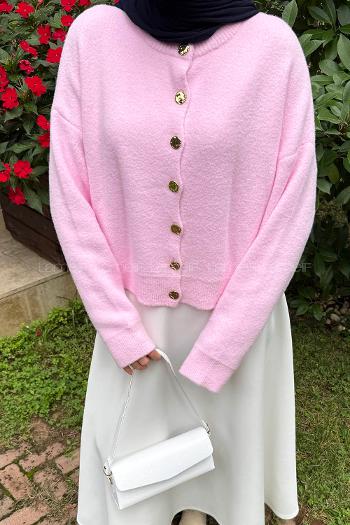 Lamelif Gold Düğme Detaylı Hırka Pembe