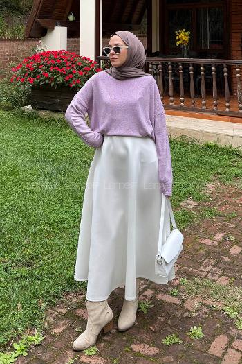 Lamelif Kayık Yaka Triko Kazak Lila