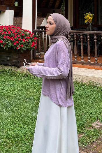 Lamelif Kayık Yaka Triko Kazak Lila