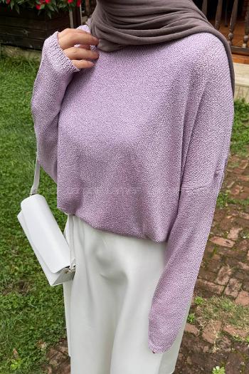 Lamelif Kayık Yaka Triko Kazak Lila