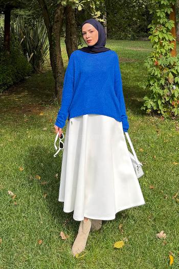 Lamelif Kayık Yaka Triko Kazak Saks Mavisi