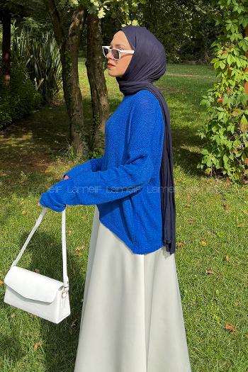 Lamelif Kayık Yaka Triko Kazak Saks Mavisi