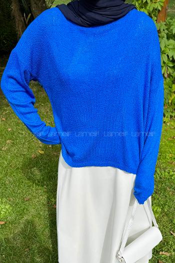 Lamelif Kayık Yaka Triko Kazak Saks Mavisi