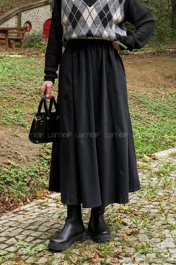 Lamelif Kemerli Kot Etek Siyah