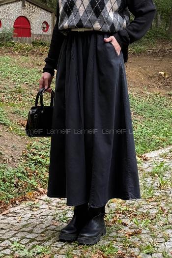 Lamelif Kemerli Kot Etek Siyah