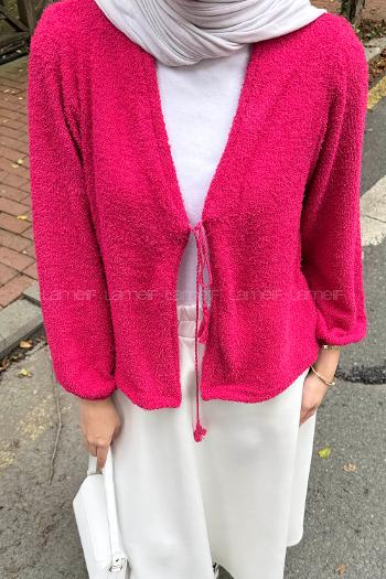 Fuchsia V Neck Long Arm Cotton Cardigan