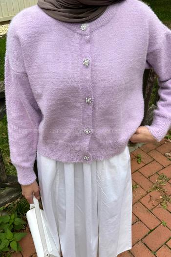 Lilac Medium Crew Neck Long Arm Poplin Fabric Cardigan