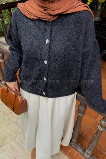 Black Medium Crew Neck Long Arm Poplin Fabric Cardigan