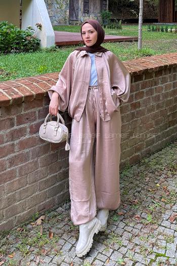 Lamelif Saten Pantolonlu Takım Bej