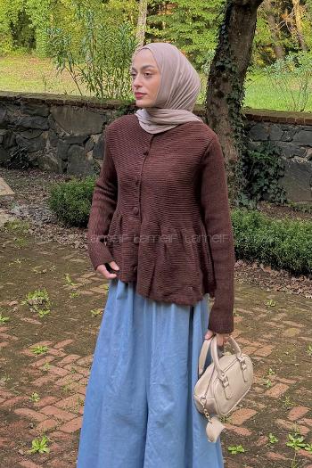 Bitter Brown Crew Neck Long Arm Elastan Polyester Cardigan