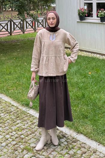 Lamelif Yakası Bağcıklı Triko Kazak Bej