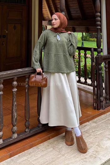 Lamelif Yakası Bağcıklı Triko Kazak Haki