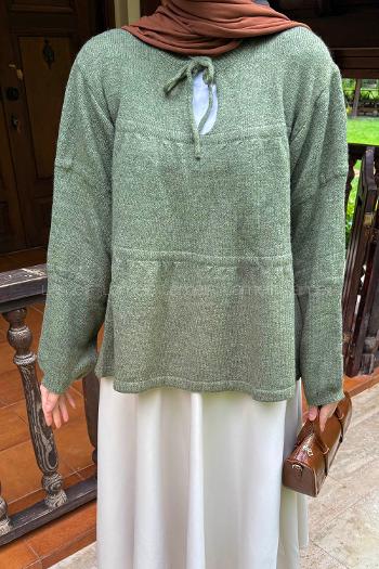 Lamelif Yakası Bağcıklı Triko Kazak Haki