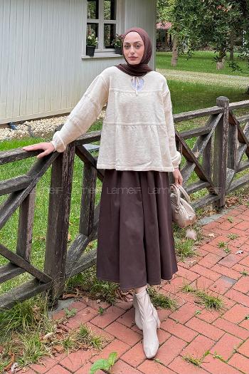 Lamelif Yakası Bağcıklı Triko Kazak Natural