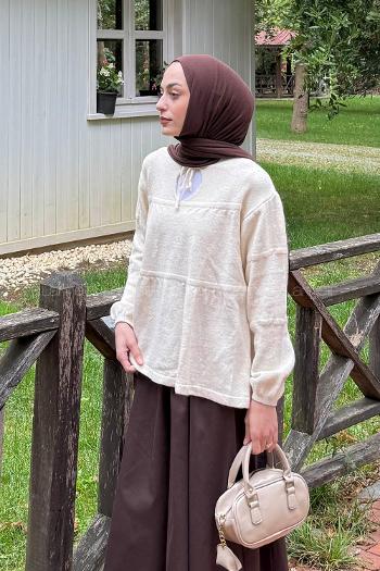 Lamelif Yakası Bağcıklı Triko Kazak Natural