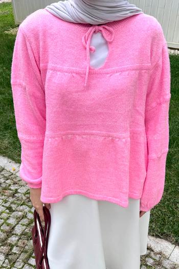 Lamelif Yakası Bağcıklı Triko Kazak Pembe