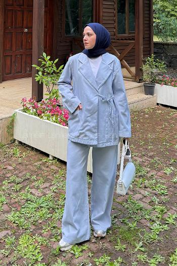 Lamelif Yan Bağlama Detaylı Pantolonlu Takım Bebe Mavisi