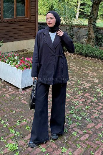 Lamelif Yan Bağlama Detaylı Pantolonlu Takım Siyah