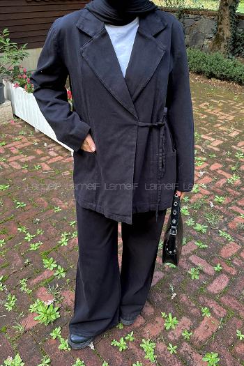 Lamelif Yan Bağlama Detaylı Pantolonlu Takım Siyah