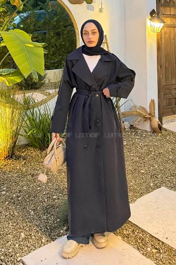Navy Blue Long Arm Belted Cotton Trench Coat