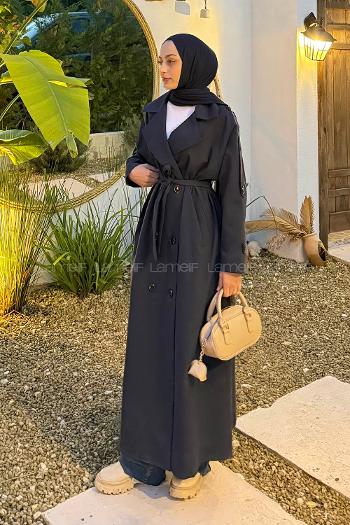 Navy Blue Long Arm Belted Cotton Trench Coat