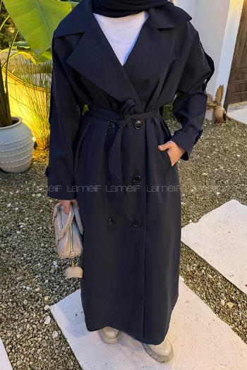 Navy Blue Long Arm Belted Cotton Trench Coat
