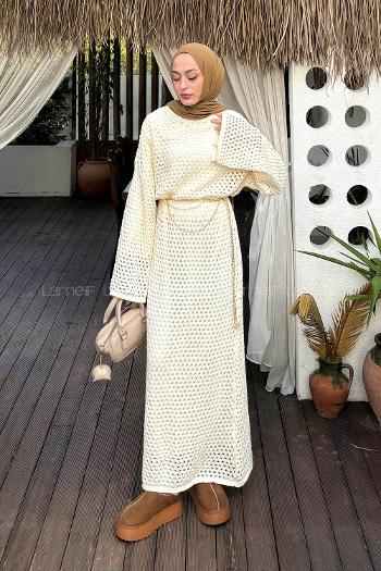 Lamelif Ajurlu Tesettür Elbise Ekru