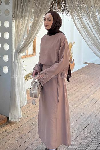 Lamelif Eteği Bağlama Detaylı Takım Soft Kahve