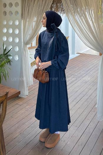 Lamelif Fiyonk Detaylı Denim Takım Koyu Mavi