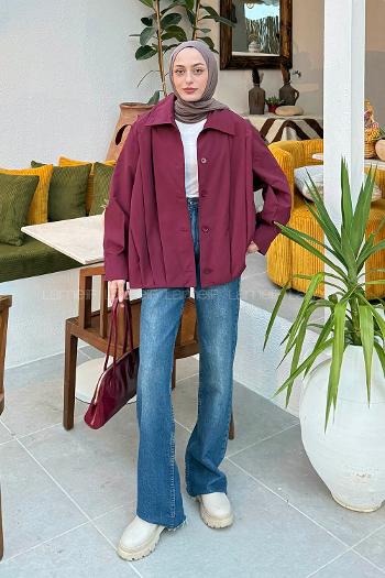 Claret Red Shirt Collar Long Arm Elastan Rayon Jacket