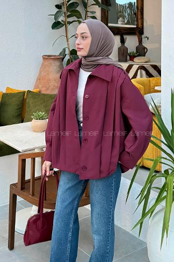 Claret Red Shirt Collar Long Arm Elastan Rayon Jacket