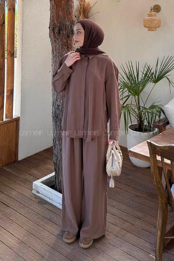 Lamelif Sırt Fermuar Detaylı Pantolonlu Takım Kahverengi