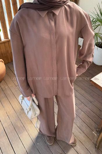 Lamelif Sırt Fermuar Detaylı Pantolonlu Takım Kahverengi