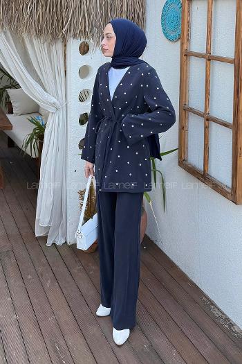 Lamelif Zımba Detaylı Pantolon-Ceket Takım Lacivert