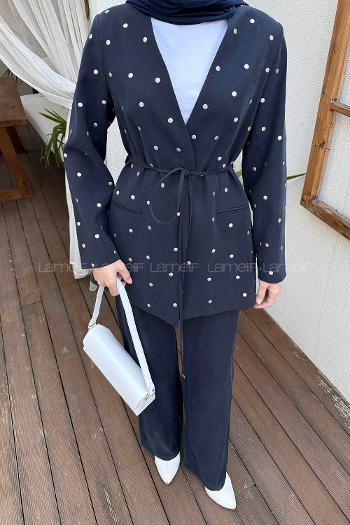Lamelif Zımba Detaylı Pantolon-Ceket Takım Lacivert
