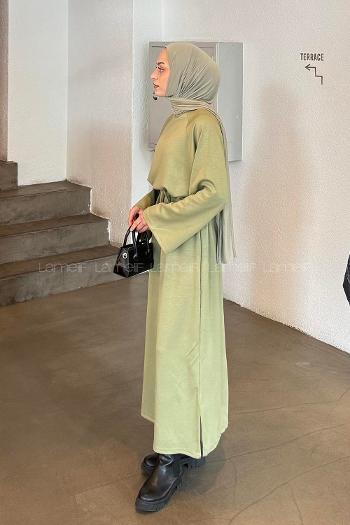Lamelif Bağlama Detaylı Elbise Çağla Yeşili