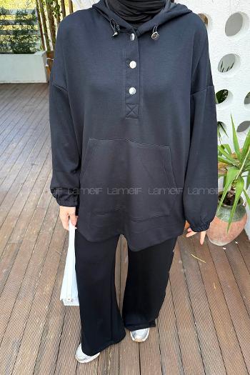 Black Hood Neck Long Arm Cotton Regular Trousers Comfortable Suit