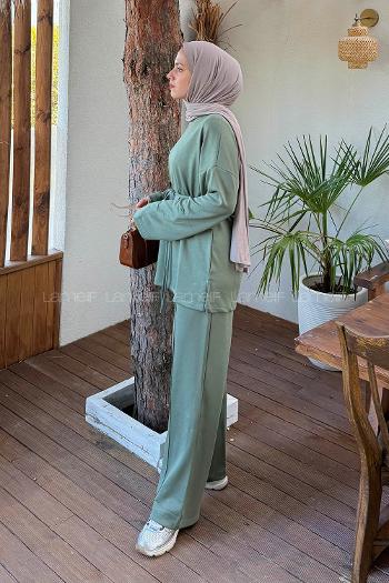 Green Crew Neck Long Arm Cotton Regular Trousers Comfortable Suit