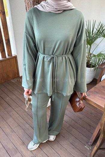 Green Crew Neck Long Arm Cotton Regular Trousers Comfortable Suit