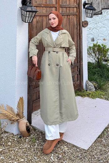 Plum Green Long Arm Belted Cotton Trench Coat