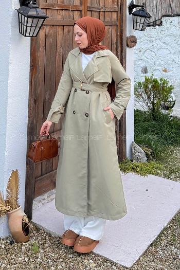 Plum Green Long Arm Belted Cotton Trench Coat