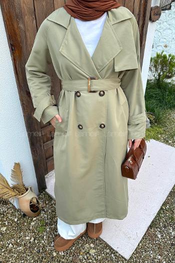 Plum Green Long Arm Belted Cotton Trench Coat