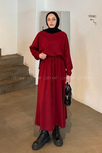 Lamelif Kol Manşet Lastikli Etekli Takım Bordo