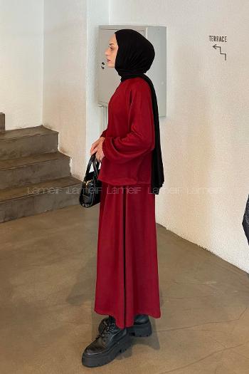 Lamelif Kol Manşet Lastikli Etekli Takım Bordo