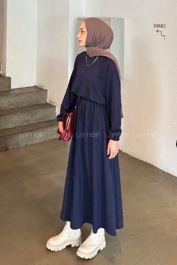 Lamelif Kol Manşet Lastikli Etekli Takım Lacivert