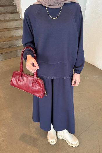 Lamelif Kol Manşet Lastikli Etekli Takım Lacivert