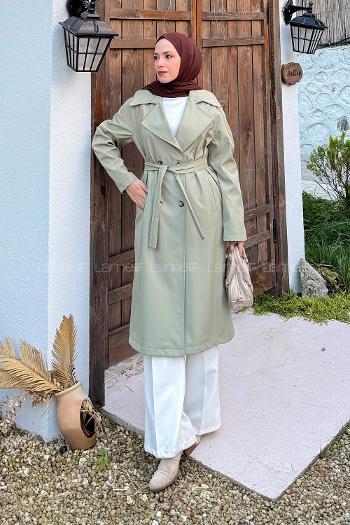 Lamelif Kolu Katlamalı Trenç Çağla Yeşili