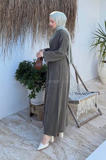 Lamelif Kuşaklı Dokuma Elbise Haki