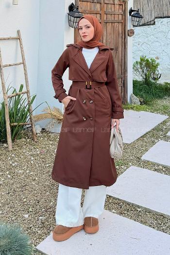 Lamelif Kuşaklı Omuz Apoletli Trençkot Acı Kahve