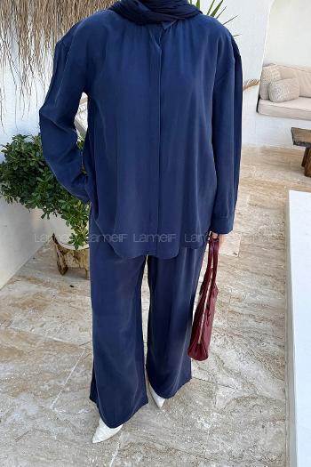 Lamelif Sırt Fermuar Detaylı Pantolonlu Takım Lacivert